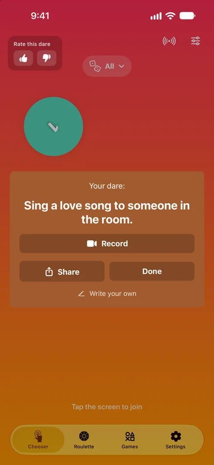 Chooser picked a player and shows their dare: Sing a love song to someone in the room.