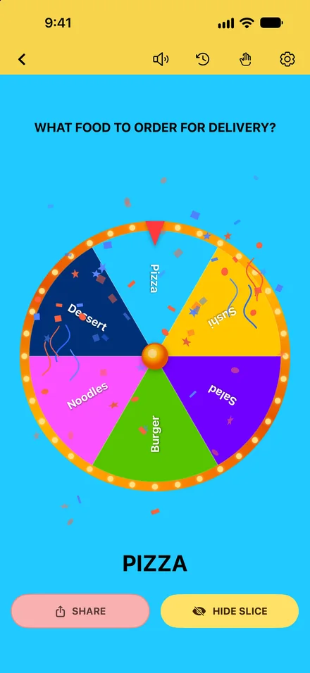 Chooser's wheel landed on Pizza and the screen filled with blue confetti.